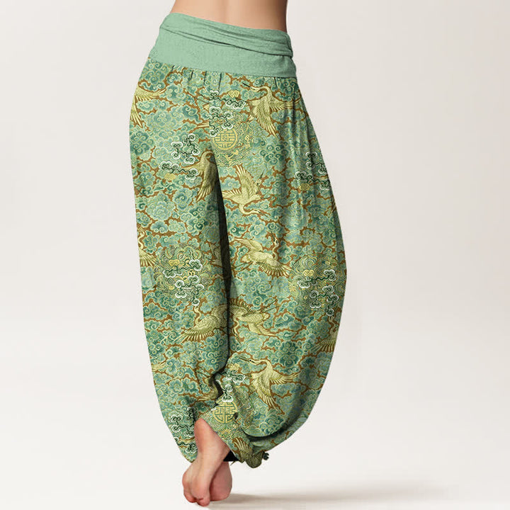 Buddha Stones Pantalon harem à taille élastique pour femme, motif floral nuageux et grue en coton. - image 9