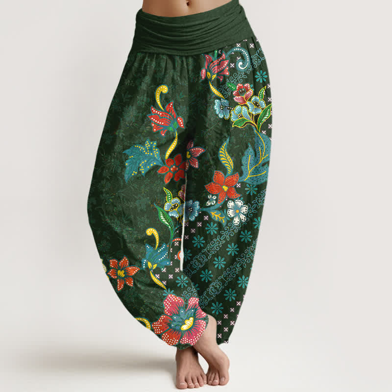 Buddha Stones Pantalon harem bohème en pur coton à motif floral coloré et taille élastique pour femme - Vert forêt - US16，UK/AU20，EU48 (3XL) - image 0