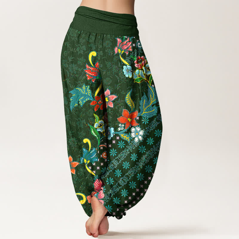 Buddha Stones Pantalon harem bohème en pur coton à motif floral coloré et taille élastique pour femme - image 1