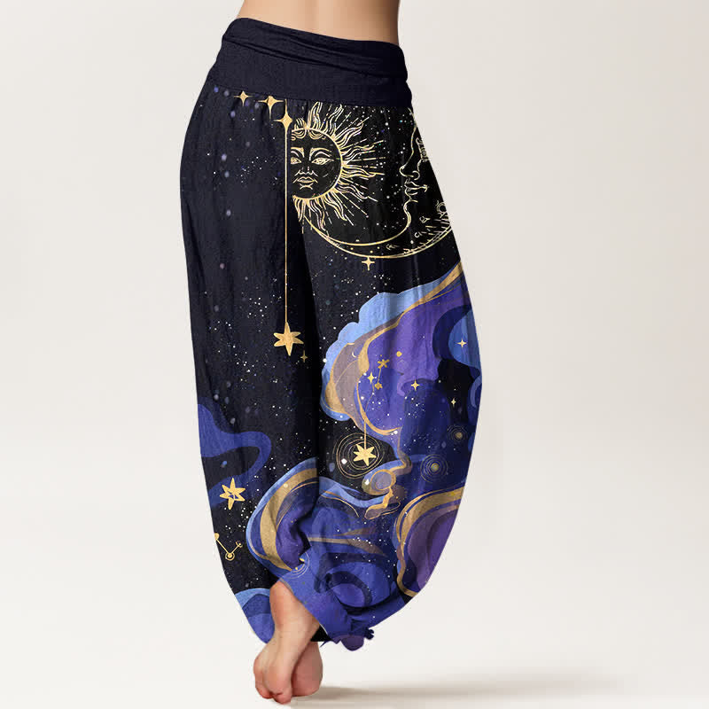 Buddha Stones Pantalon harem femme en coton à motif soleil, lune et étoiles, taille élastique - image 1