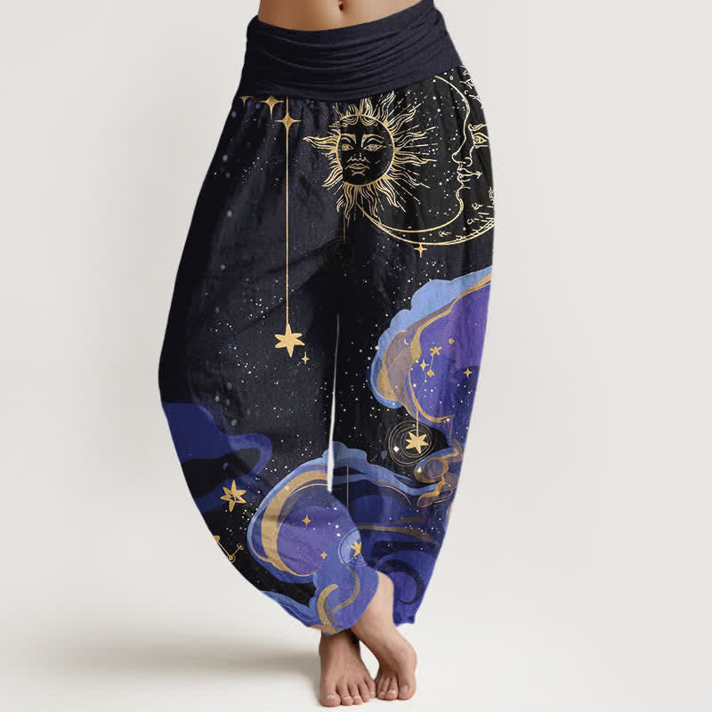 Buddha Stones Pantalon harem femme en coton à motif soleil, lune et étoiles, taille élastique - Noir - US16，UK/AU20，EU48 (3XL) - image 0