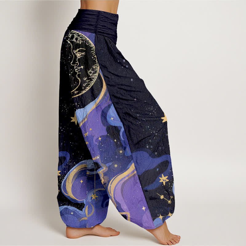 Buddha Stones Pantalon harem femme en coton à motif soleil, lune et étoiles, taille élastique - image 2