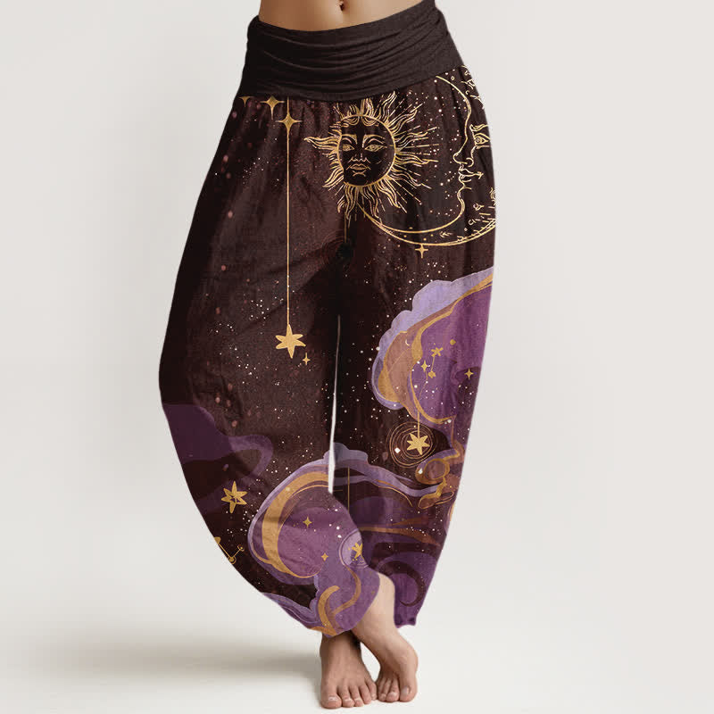 Buddha Stones Pantalon harem femme en coton à motif soleil, lune et étoiles, taille élastique - SaddleBrown - US16，UK/AU20，EU48 (3XL) - image 5