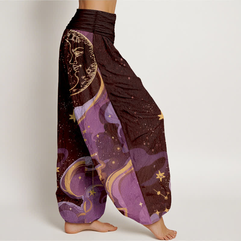 Buddha Stones Pantalon harem femme en coton à motif soleil, lune et étoiles, taille élastique - image 7