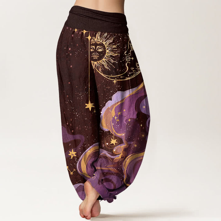 Buddha Stones Pantalon harem femme en coton à motif soleil, lune et étoiles, taille élastique - image 6