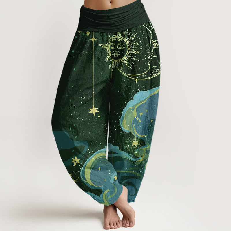 Buddha Stones Pantalon harem femme en coton à motif soleil, lune et étoiles, taille élastique - Vert foncé - US16，UK/AU20，EU48 (3XL) - image 8