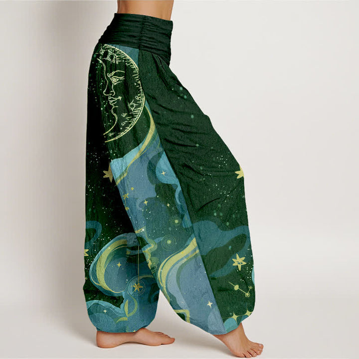 Buddha Stones Pantalon harem femme en coton à motif soleil, lune et étoiles, taille élastique - image 10