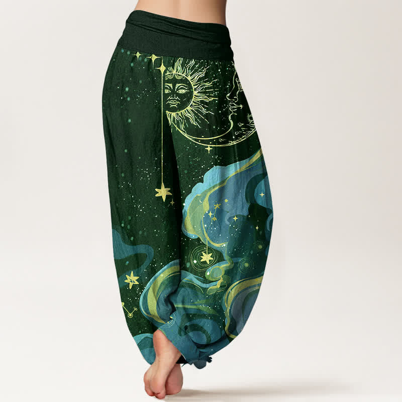 Buddha Stones Pantalon harem femme en coton à motif soleil, lune et étoiles, taille élastique - image 9