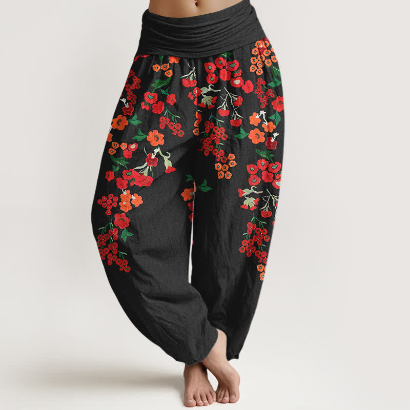 Buddha Stones Pantalon harem bohème en coton rouge à motif floral et taille élastique pour femme - Noir - US16，UK/AU20，EU48 (3XL) - image 0