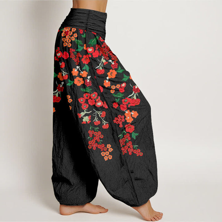 Buddha Stones Pantalon harem bohème en coton rouge à motif floral et taille élastique pour femme - image 2