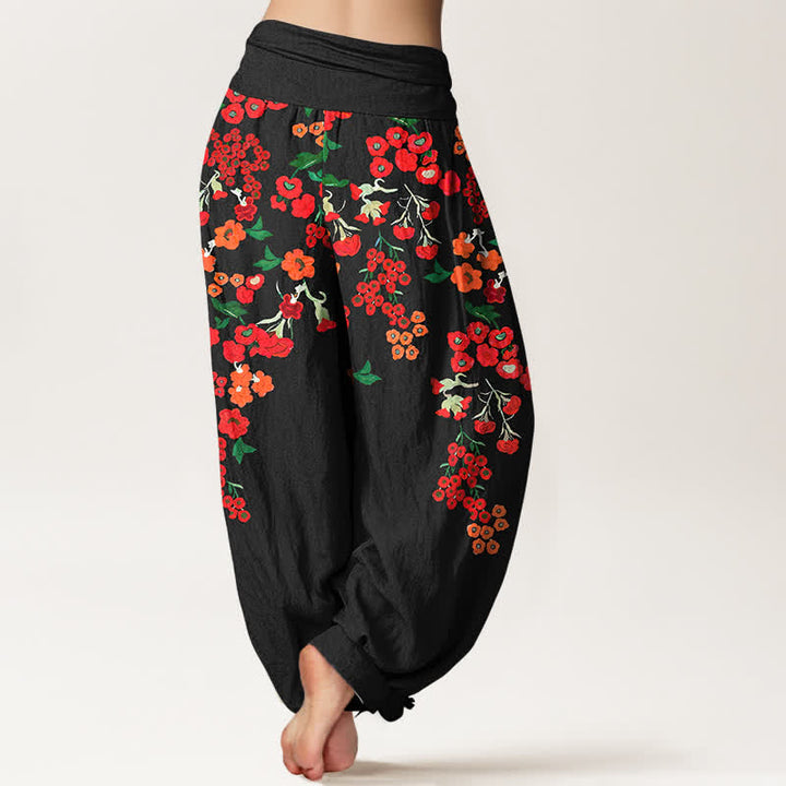 Buddha Stones Pantalon harem bohème en coton rouge à motif floral et taille élastique pour femme - image 1