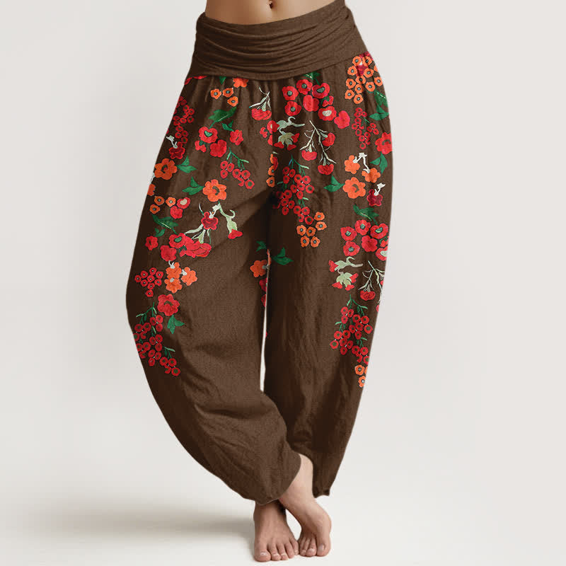 Buddha Stones Pantalon harem bohème en coton rouge à motif floral et taille élastique pour femme - SaddleBrown - US16，UK/AU20，EU48 (3XL) - image 5