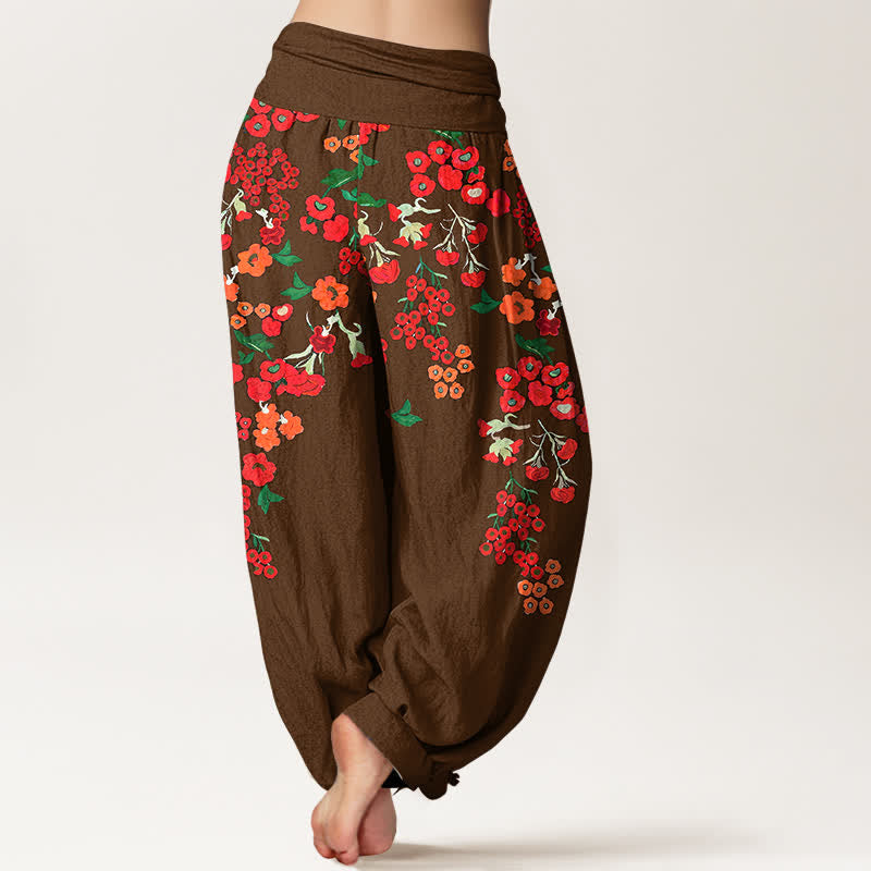 Buddha Stones Pantalon harem bohème en coton rouge à motif floral et taille élastique pour femme - image 6