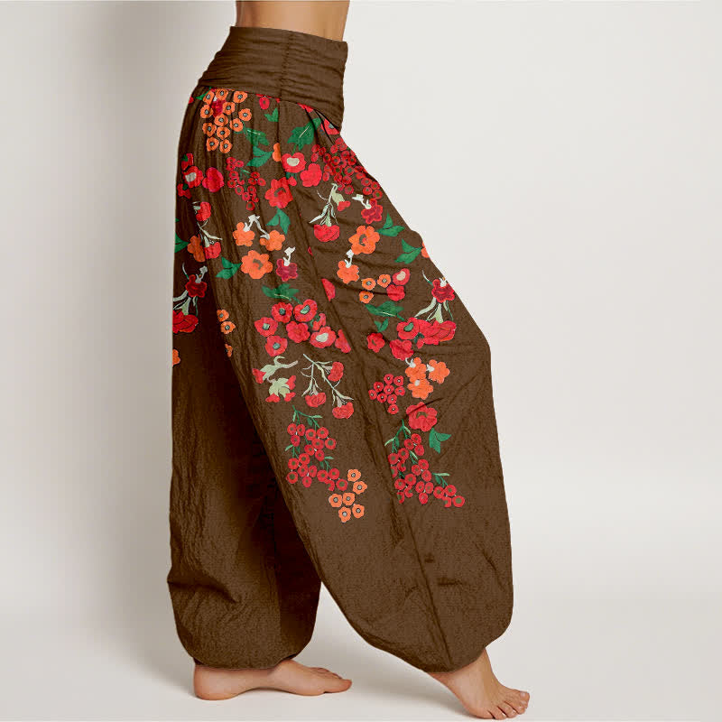 Buddha Stones Pantalon harem bohème en coton rouge à motif floral et taille élastique pour femme - image 7