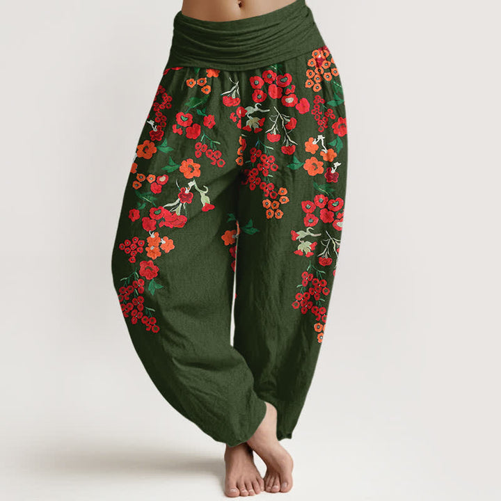 Buddha Stones Pantalon harem bohème en coton rouge à motif floral et taille élastique pour femme - Vert forêt - US16，UK/AU20，EU48 (3XL) - image 8