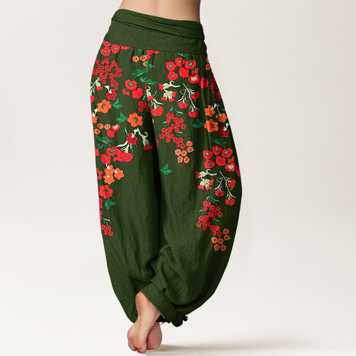 Buddha Stones Pantalon harem bohème en coton rouge à motif floral et taille élastique pour femme - image 9