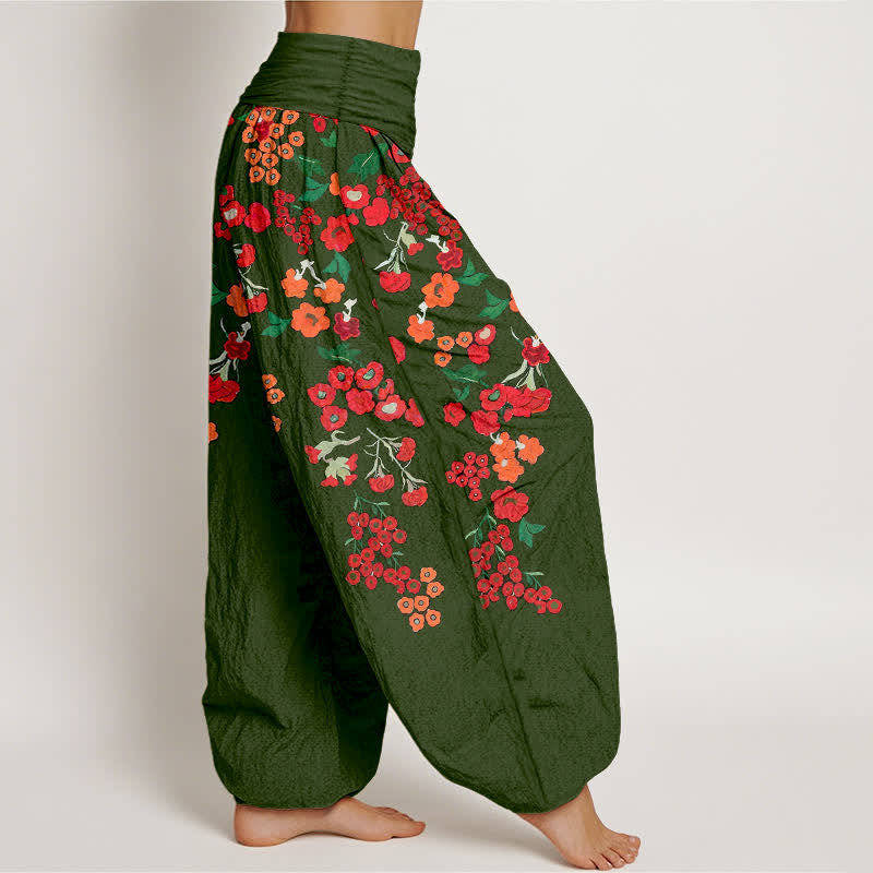 Buddha Stones Pantalon harem bohème en coton rouge à motif floral et taille élastique pour femme - image 10