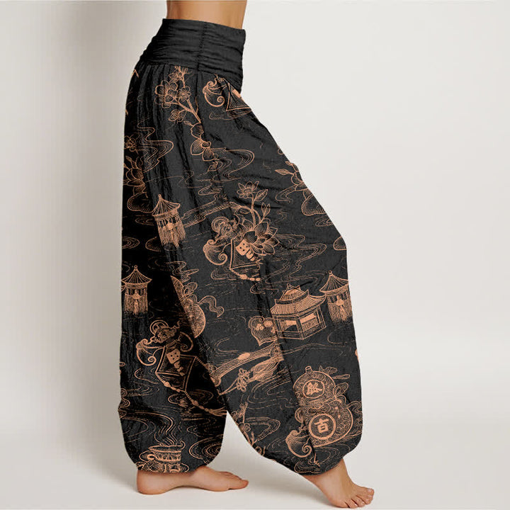 Buddha Stones Pantalon harem à taille élastique pour femme, motif lotus et gourde en coton - image 2