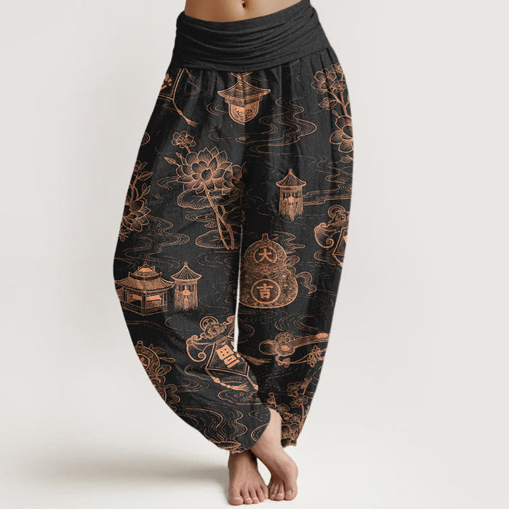 Buddha Stones Pantalon harem à taille élastique pour femme, motif lotus et gourde en coton - Noir - US16，UK/AU20，EU48 (3XL) - image 0