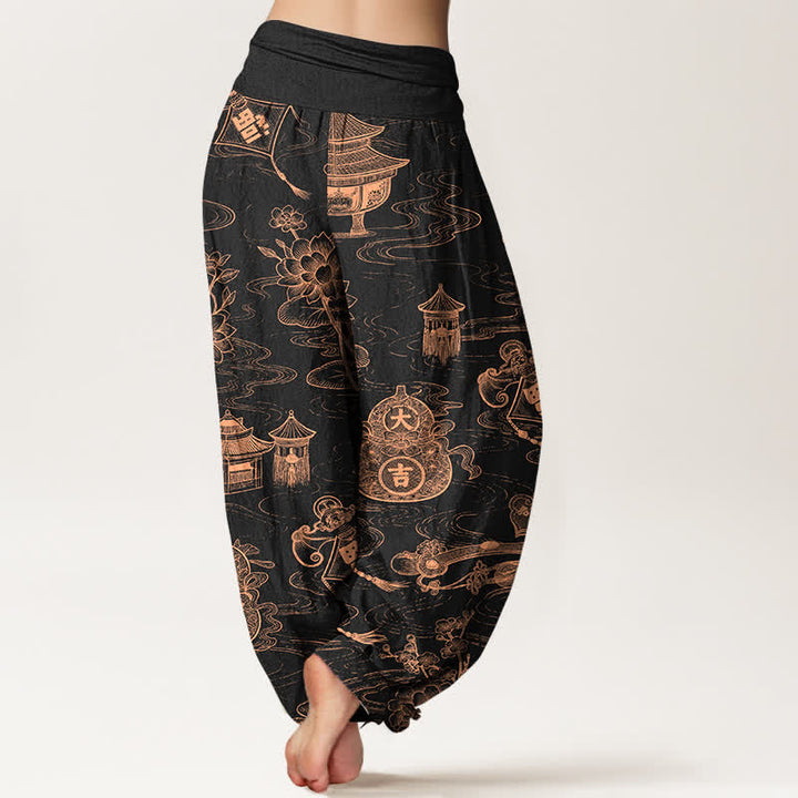 Buddha Stones Pantalon harem à taille élastique pour femme, motif lotus et gourde en coton - image 1