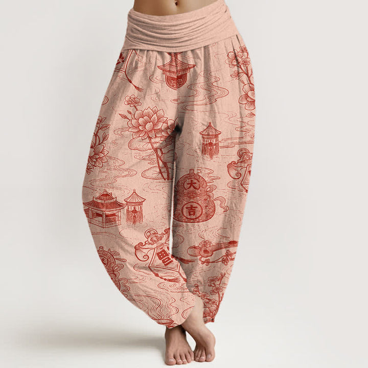 Buddha Stones Pantalon harem à taille élastique pour femme, motif lotus et gourde en coton - PeachPuff - US16，UK/AU20，EU48 (3XL) - image 5