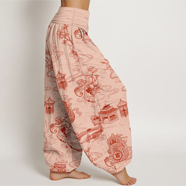 Buddha Stones Pantalon harem à taille élastique pour femme, motif lotus et gourde en coton - image 7