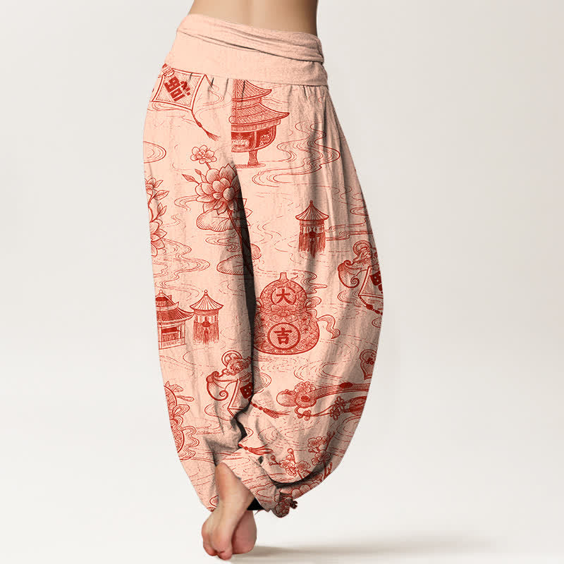 Buddha Stones Pantalon harem à taille élastique pour femme, motif lotus et gourde en coton - image 6