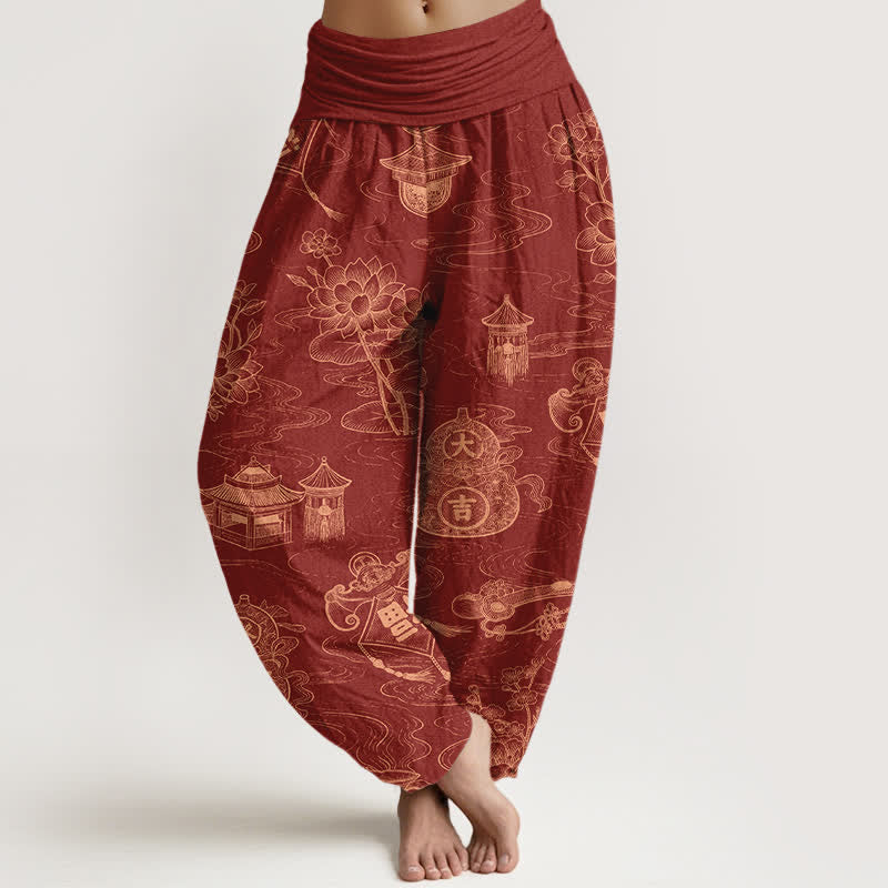 Buddha Stones Pantalon harem à taille élastique pour femme, motif lotus et gourde en coton - FireBrick - US16，UK/AU20，EU48 (3XL) - image 8
