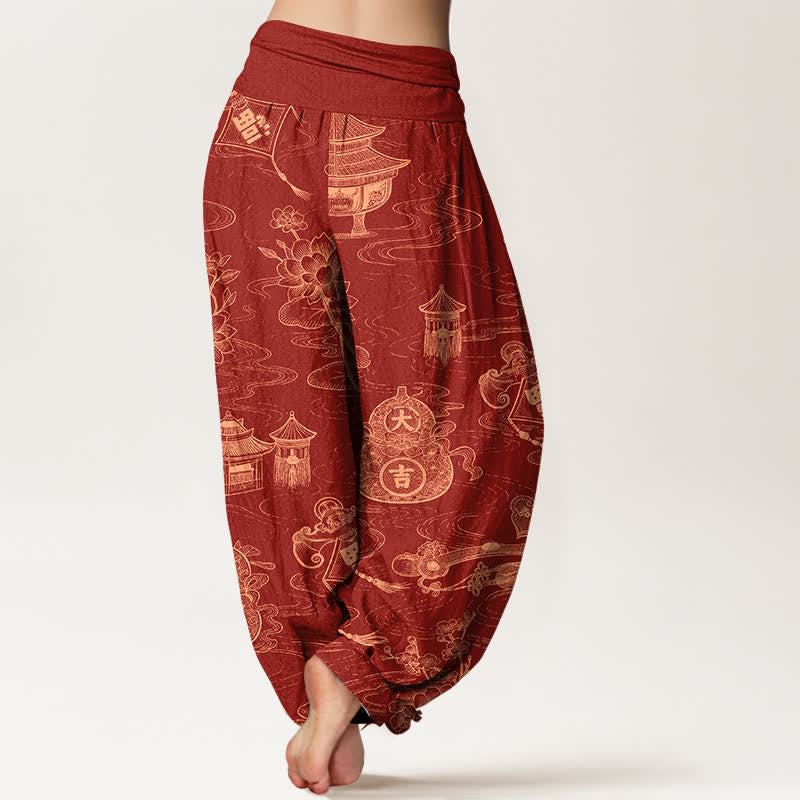 Buddha Stones Pantalon harem à taille élastique pour femme, motif lotus et gourde en coton - image 9