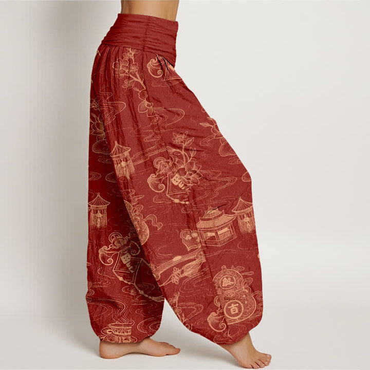 Buddha Stones Pantalon harem à taille élastique pour femme, motif lotus et gourde en coton - image 10