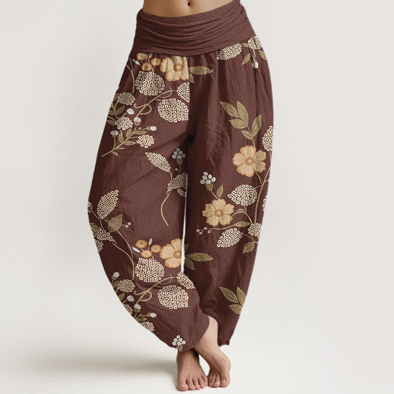 Buddha Stones Pantalon harem pour femme en pur coton à motif floral vintage et taille élastique - Terre de sienne - US16，UK/AU20，EU48 (3XL) - image 0