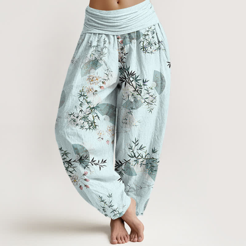 Buddha Stones Pantalon harem à taille élastique pour femme, motif éventail de fleurs de bambou et de coton - Turquoise pâle - US16，UK/AU20，EU48 (3XL) - image 0