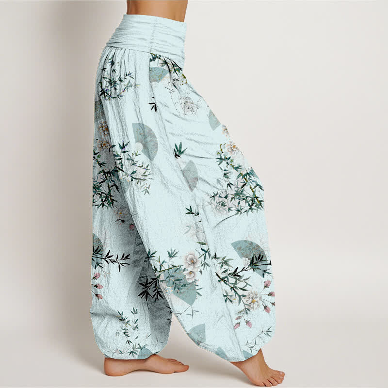 Buddha Stones Pantalon harem à taille élastique pour femme, motif éventail de fleurs de bambou et de coton - image 2