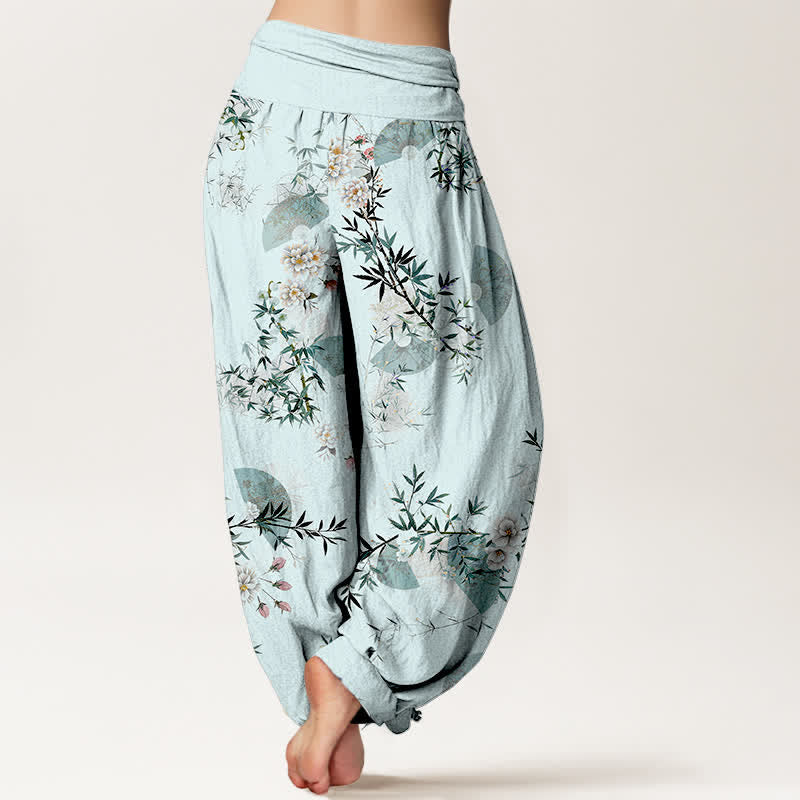 Buddha Stones Pantalon harem à taille élastique pour femme, motif éventail de fleurs de bambou et de coton - image 1