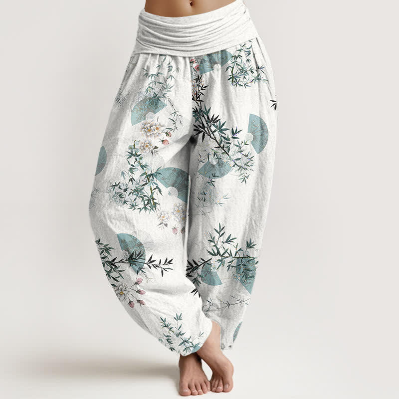 Buddha Stones Pantalon harem à taille élastique pour femme, motif éventail de fleurs de bambou et de coton - Blanc - US16，UK/AU20，EU48 (3XL) - image 5