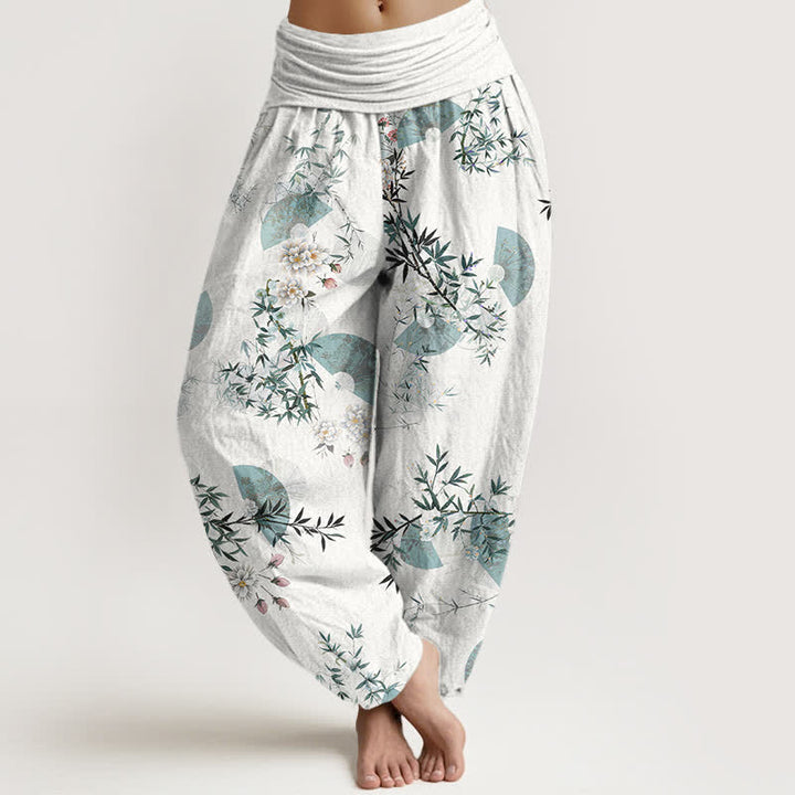 Buddha Stones Pantalon harem à taille élastique pour femme, motif éventail de fleurs de bambou et de coton - Blanc - US16，UK/AU20，EU48 (3XL) - image 5