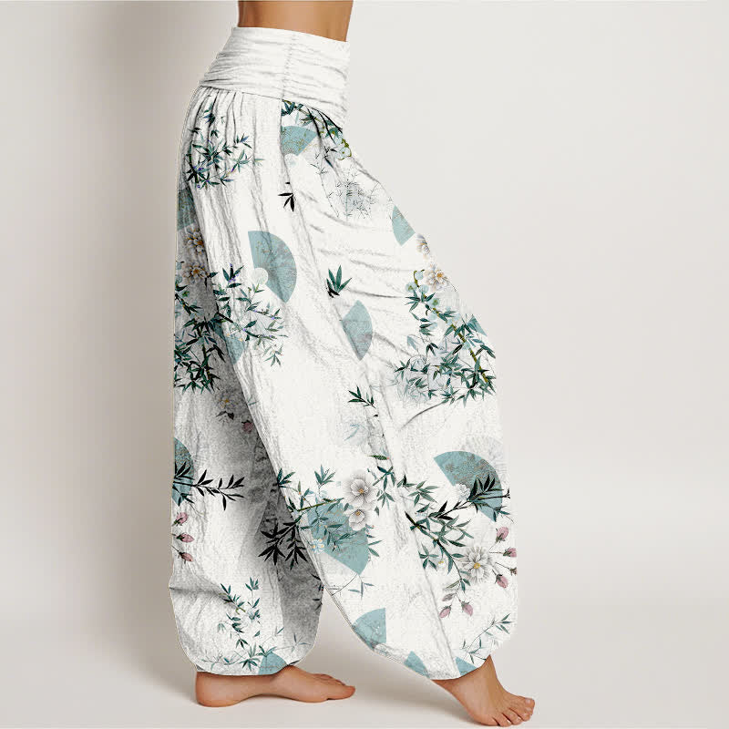 Buddha Stones Pantalon harem à taille élastique pour femme, motif éventail de fleurs de bambou et de coton - image 7