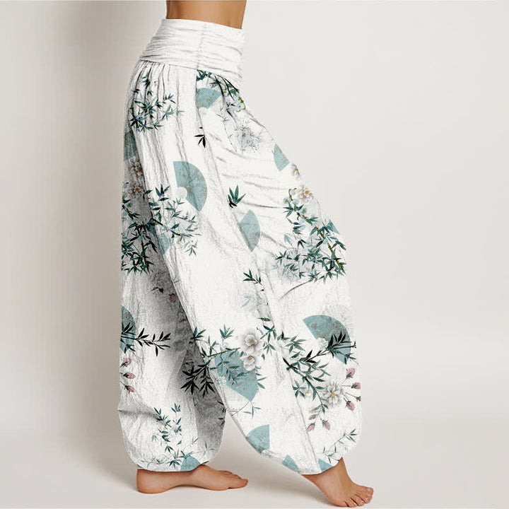 Buddha Stones Pantalon harem à taille élastique pour femme, motif éventail de fleurs de bambou et de coton - image 7