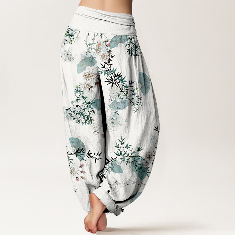 Buddha Stones Pantalon harem à taille élastique pour femme, motif éventail de fleurs de bambou et de coton - image 6