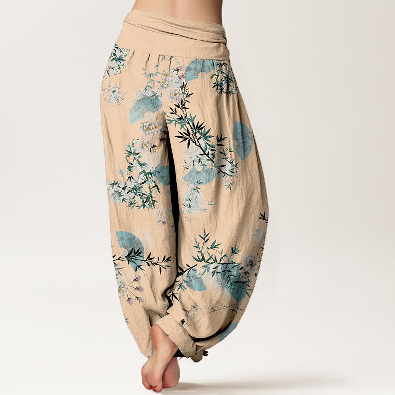 Buddha Stones Pantalon harem à taille élastique pour femme, motif éventail de fleurs de bambou et de coton - image 9