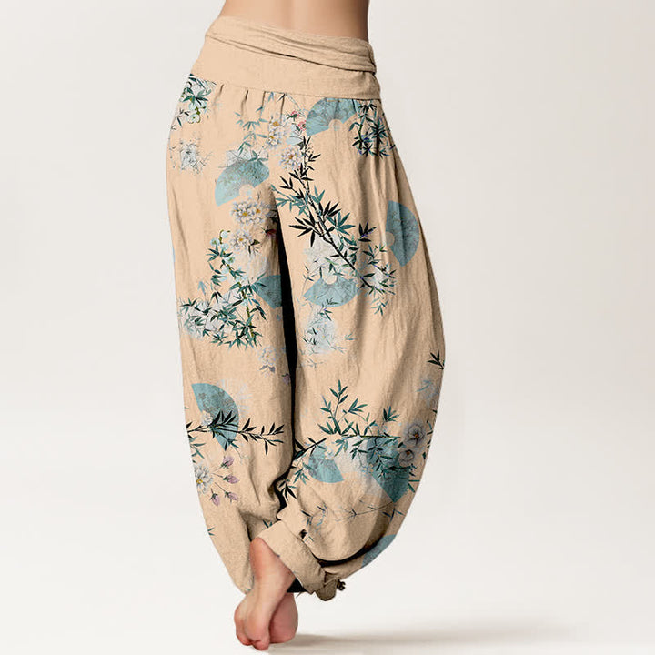 Buddha Stones Pantalon harem à taille élastique pour femme, motif éventail de fleurs de bambou et de coton - image 9