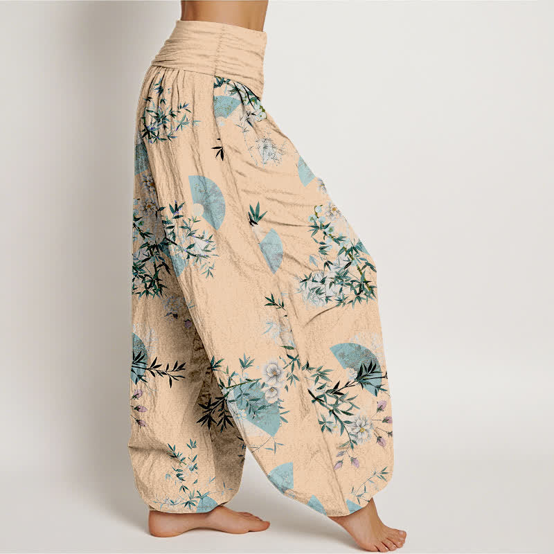 Buddha Stones Pantalon harem à taille élastique pour femme, motif éventail de fleurs de bambou et de coton - image 10