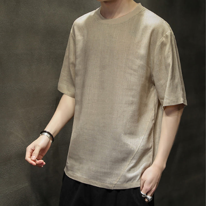 Buddha Stones T-shirts d'été minimalistes décontractés en lin à col rond et manches courtes pour hommes - image 5