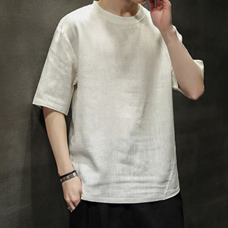 Buddha Stones T-shirts d'été minimalistes décontractés en lin à col rond et manches courtes pour hommes - image 17