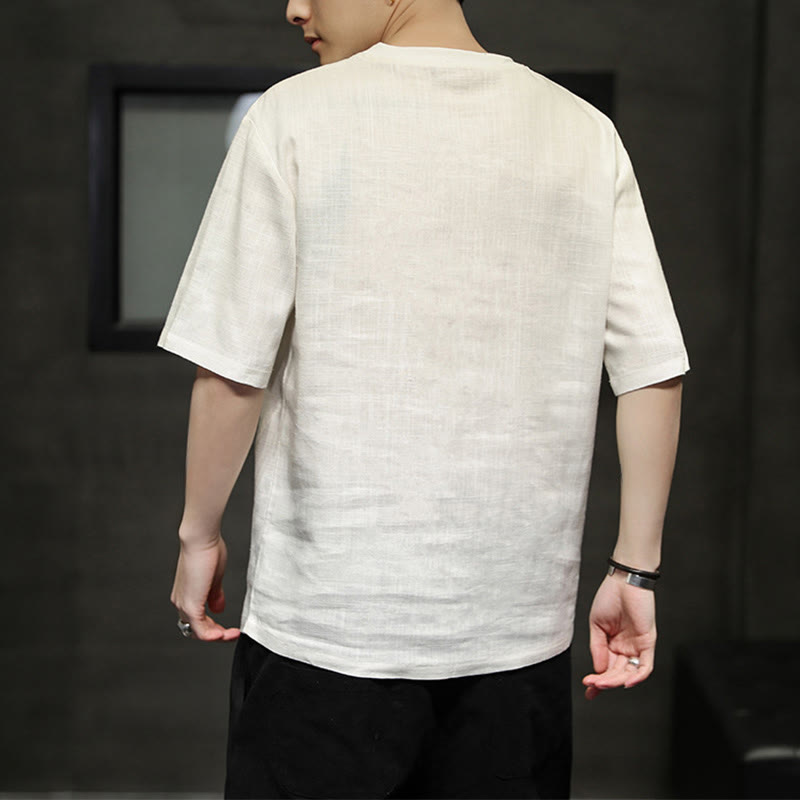 Buddha Stones T-shirts d'été minimalistes décontractés en lin à col rond et manches courtes pour hommes - image 19
