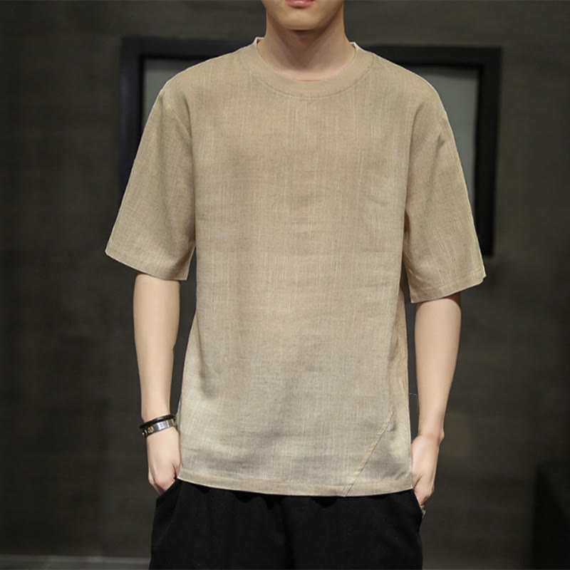 Buddha Stones T-shirts d'été minimalistes décontractés en lin à col rond et manches courtes pour hommes - Tanné - US/UK/AU46，EU56 (5XL) - image 0