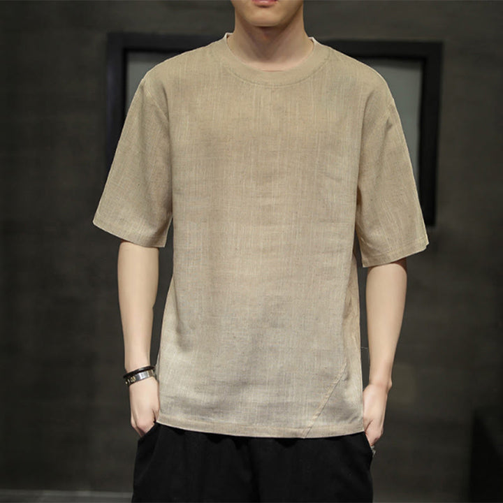 Buddha Stones T-shirts d'été minimalistes décontractés en lin à col rond et manches courtes pour hommes - Tanné - US/UK/AU48, EU58 (5XL) - image 0