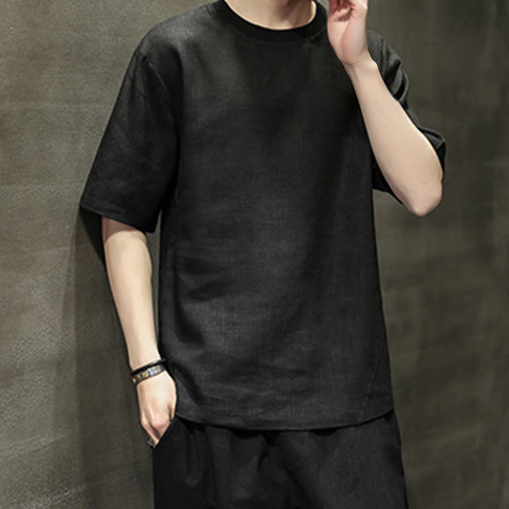 Buddha Stones T-shirts d'été minimalistes décontractés en lin à col rond et manches courtes pour hommes - image 12