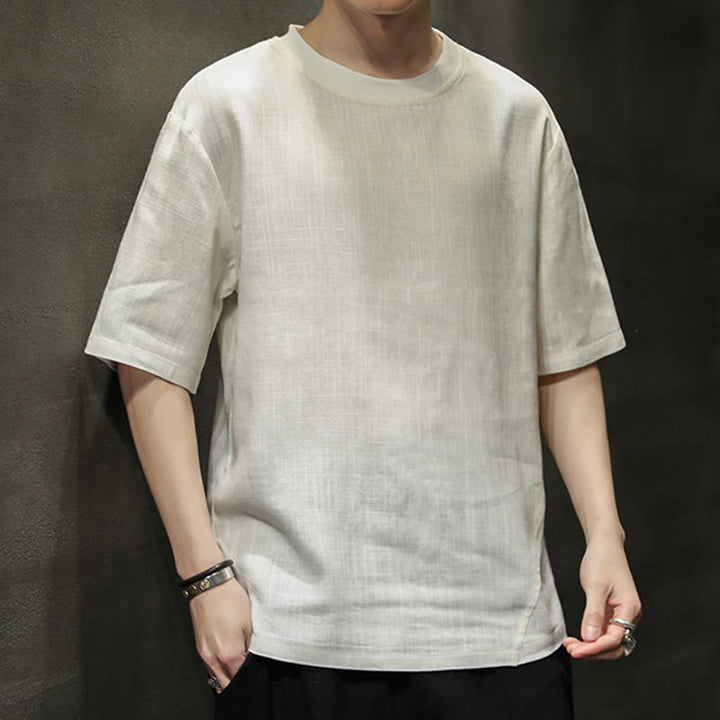 Buddha Stones T-shirts d'été minimalistes décontractés en lin à col rond et manches courtes pour hommes - image 22