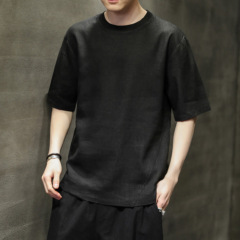 Buddha Stones T-shirts d'été minimalistes décontractés en lin à col rond et manches courtes pour hommes - image 14